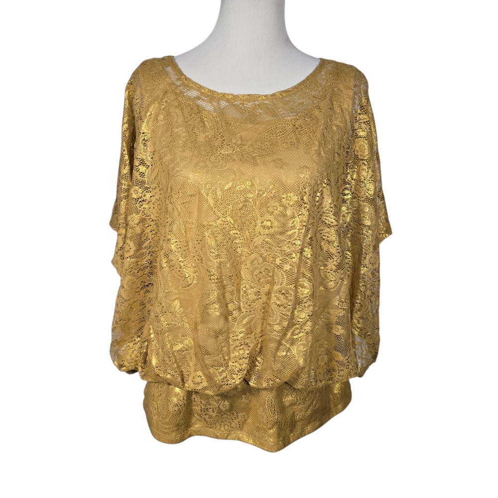 Style & Co. Large Gold Lace Overlay Blouse Blouson